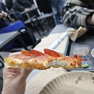a hand holding a slice of pizza