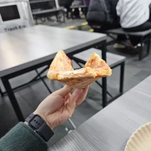 a person holding a slice of pizza