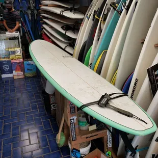My 9&apos; foot surfboard rental. $20 per day or $100 per week. I chose the weekly option.