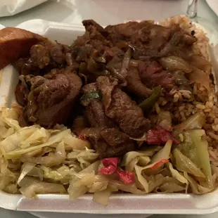 Brown Stew Chicken, Steam Cabbage, Rice &amp; Beans