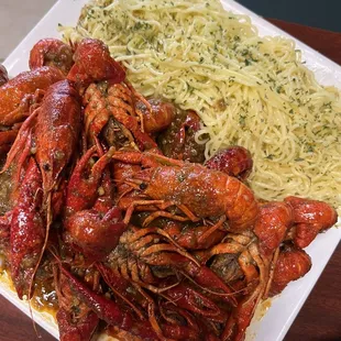 Garlic noodles with crawfish. Tasty