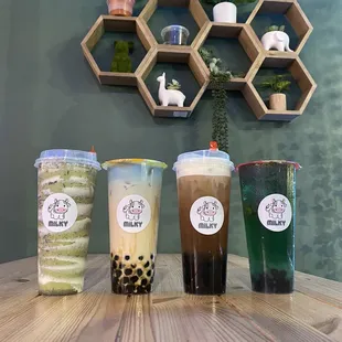 Baby yoda, Jasmine milk tea with boba, Jasmine green tea with cheese foam and boba, lychee house blues special green tea