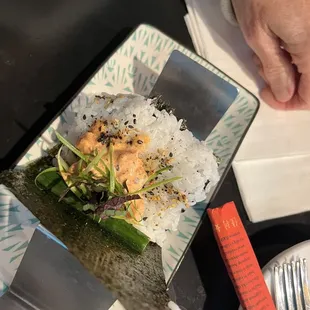 Spicy salmon hand roll