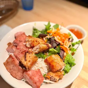 Bun nem lui cha gio (Rice vermicelli with shrimp paste, mixed herbs, and eggrolls) -  Yum!