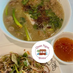 a bowl of soup and a plate of noodles