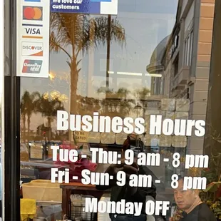 Business Hours and Credit Cards accepted