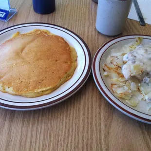 Pancakes and home fries with sausage gravy