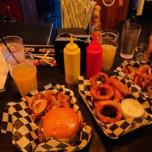 a burger and onion rings