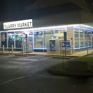 Front view of the Quarry Market at night... Lit up like Broadway, lol...