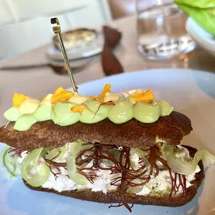 Crab Eclair - outstanding dressed red crab, smoked avocado, cucumber, and, Meyer lemon! (June, 2024)