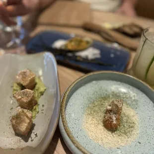The small bites. Crispy pork belly x3 (~$5 each), 1 oyster ($ ~$6) and 1 mushroom cheese something (~$4). Very good. Would recommend.