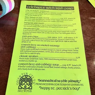 St. Patrick's day menu