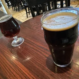 two glasses of beer on a table