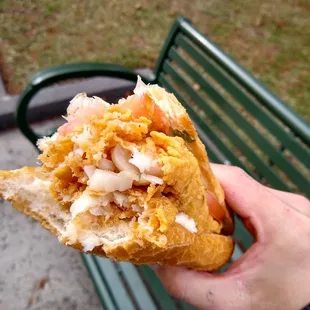 Inside of fried catfish poboy