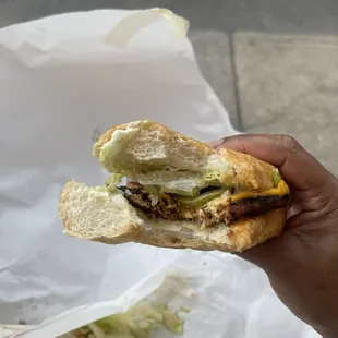 Inside the hot sausage poboy