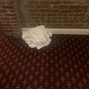 Pile of towel left for over 24 hours in front elevator