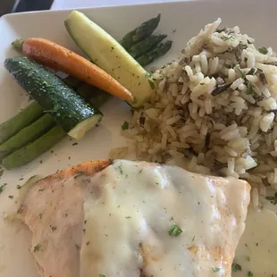 Grilled Salmon with wild rice and mixed veggies for my wife.