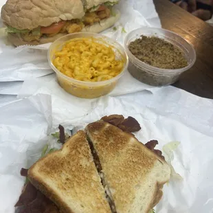 Po boy, BLT, mac and cheese and jambalaya