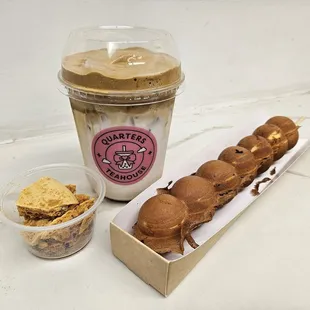 Dalgona Coffee with Honeycomb Candy and Egg Puff Skewer