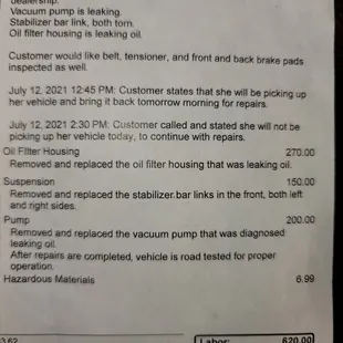 Detailed bill showing what I approved