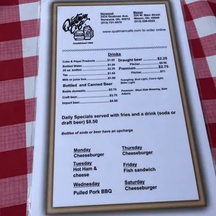 a menu on a table cloth