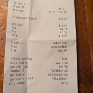 My check for meal and tip