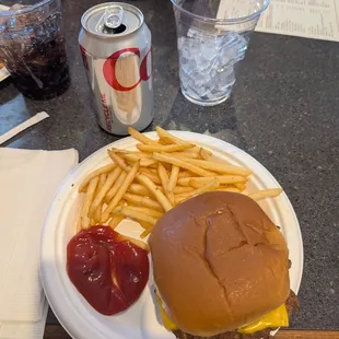 My $10 cheeseburger, fries, and drink.
