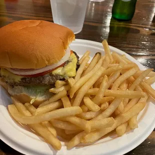 Classic cheeseburger and fries from Quatman&apos;s
