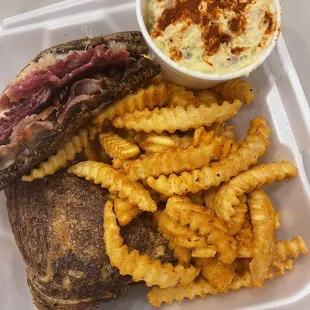 Ultimate Reuben! Yum with crinkle fries and deviled egg potato salad