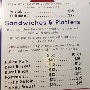 Sandwiches, platters and prices.