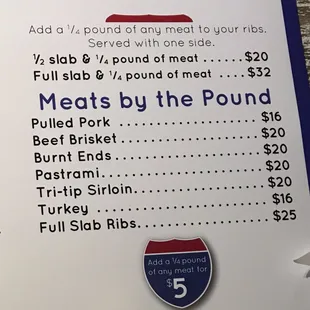 Ribs, meats, and prices.