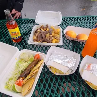 Arepas rellenas, almojabanas, Colombian sausage, and Picada colombiana