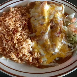 Chicken enchiladas and Spanish rice.