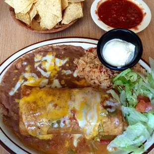 Shredded beef chimichanga enchilada style, hot!  Deliciosa!