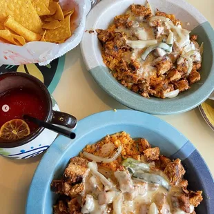 Arroz con Pollo, Chips, and Chula Fruita