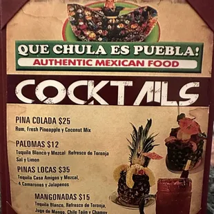 a menu for cocktails