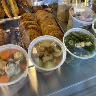 Classic bitter melon stuffed with pork and pork w fresh leafy veg.