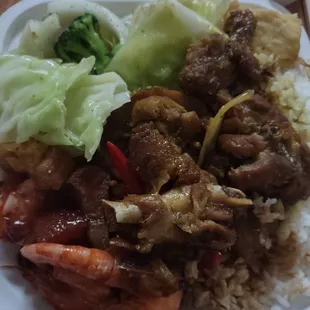 Shrimp/pork, chicken, tofu/salad. About $15 but Good quality and they stuff the containers heavy. Fat hook up and put sauce on the rice!