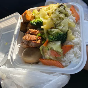 3 item special 14.95 veg w tofu sweet sour eggplant w tofu pork belly w skin and egg sour mustard green