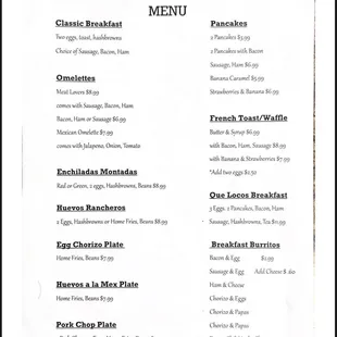 a menu for breakfast
