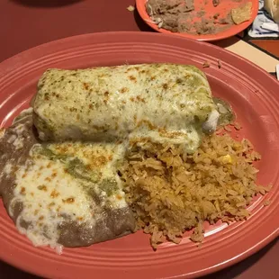 Grill chicken burrito green sauce rice and beans