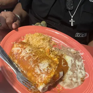 Wet burrito, beans and rice
