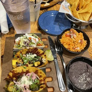 Brussels sprout taco, veggie taco, chicken taco Side of rice and beans