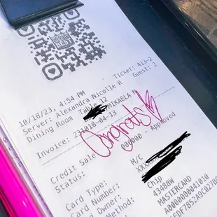 Sweet note from our server, Nicolle, since we were celebrating!