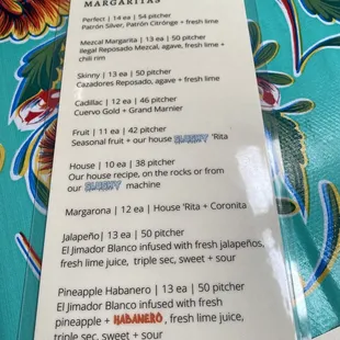 Margarita menu
