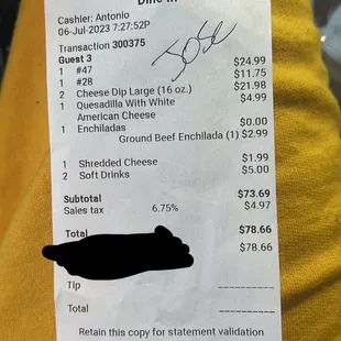 Receipt, got 2 dinners and 2 cheese and 2 other cheap things and my drinks . $80 later smfh