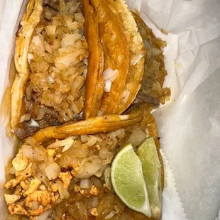 Grilled chicken and steak red tacos
