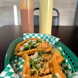 Tinga Red Taco with red and green sauces