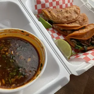 red tacos with consomme.