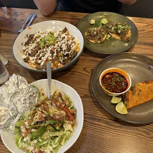 Carne asada fries, que rico bowl, street tacos and birria.